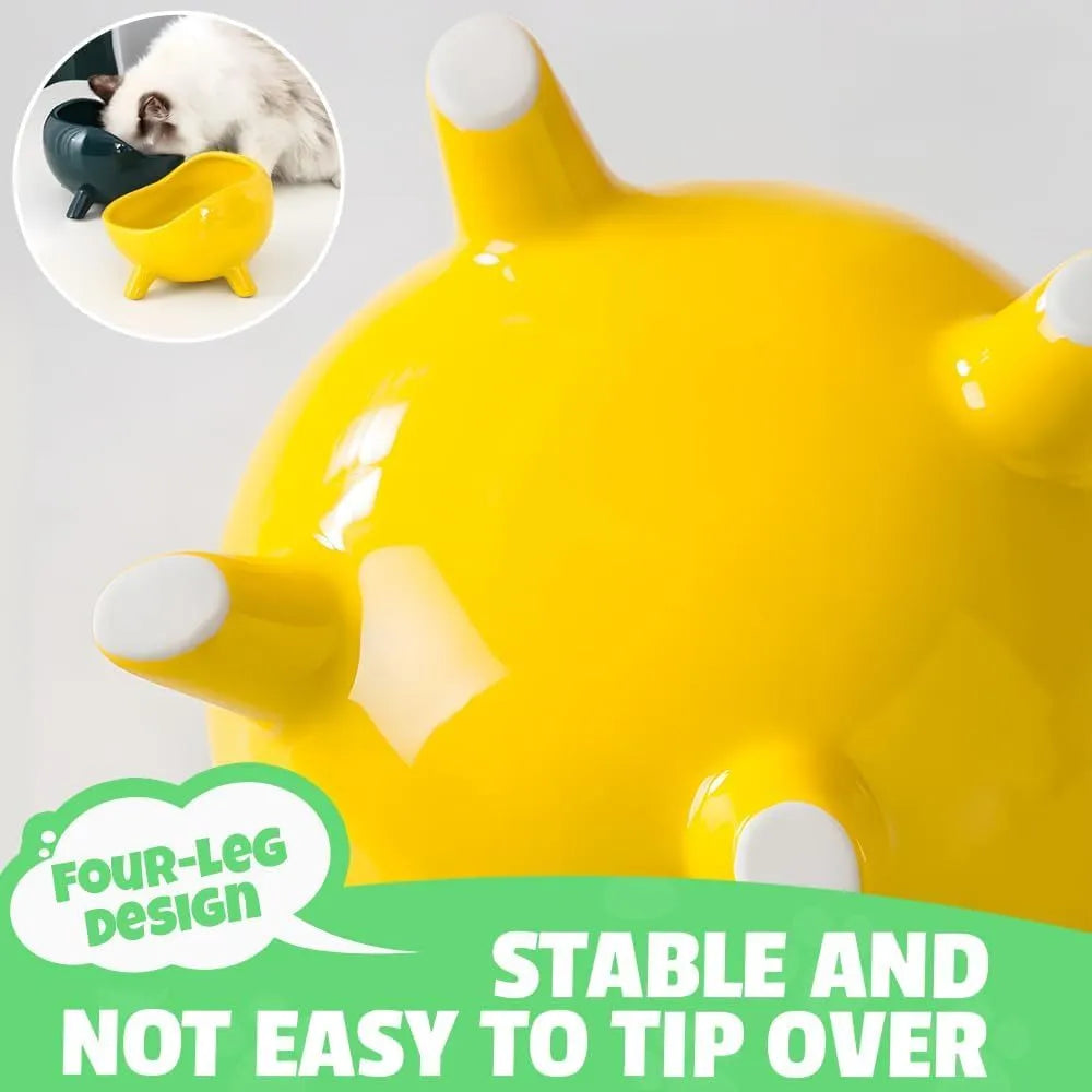 Green ceramic cat food bowl with four-legged stability base and wide mouth opening