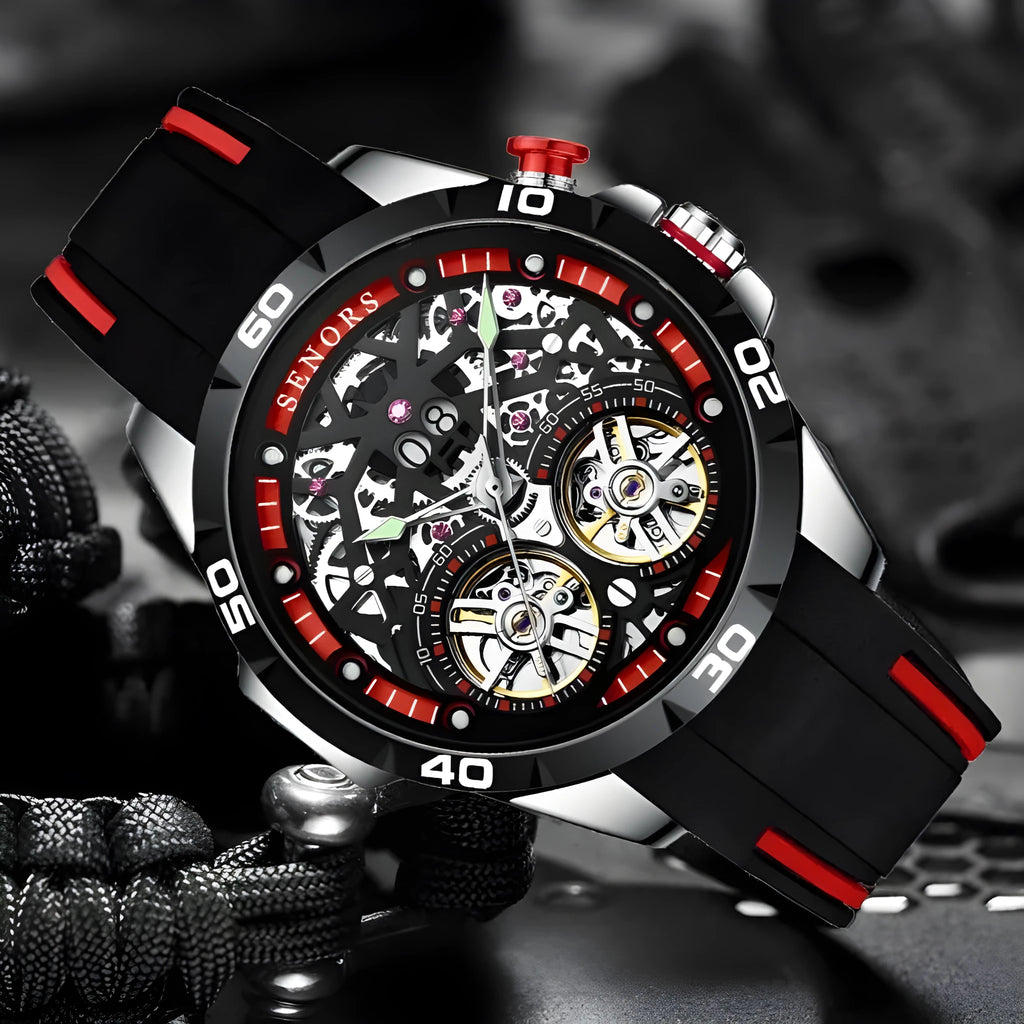 Men's automatic mechanical skeleton watch with luminous hands on a wrist, showing red or blue colour options.