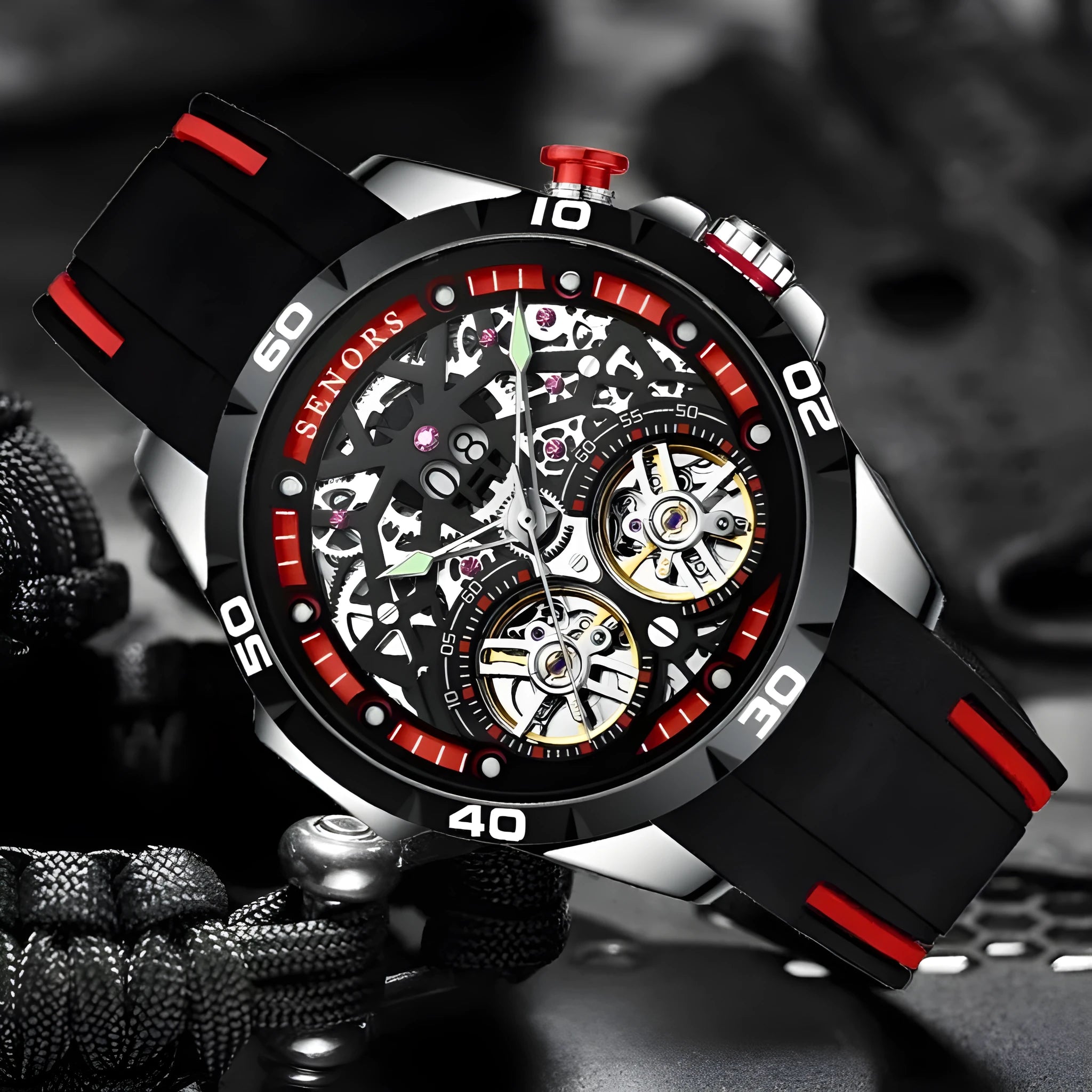 Men's automatic mechanical skeleton watch with luminous hands on a wrist, showing red or blue colour options.