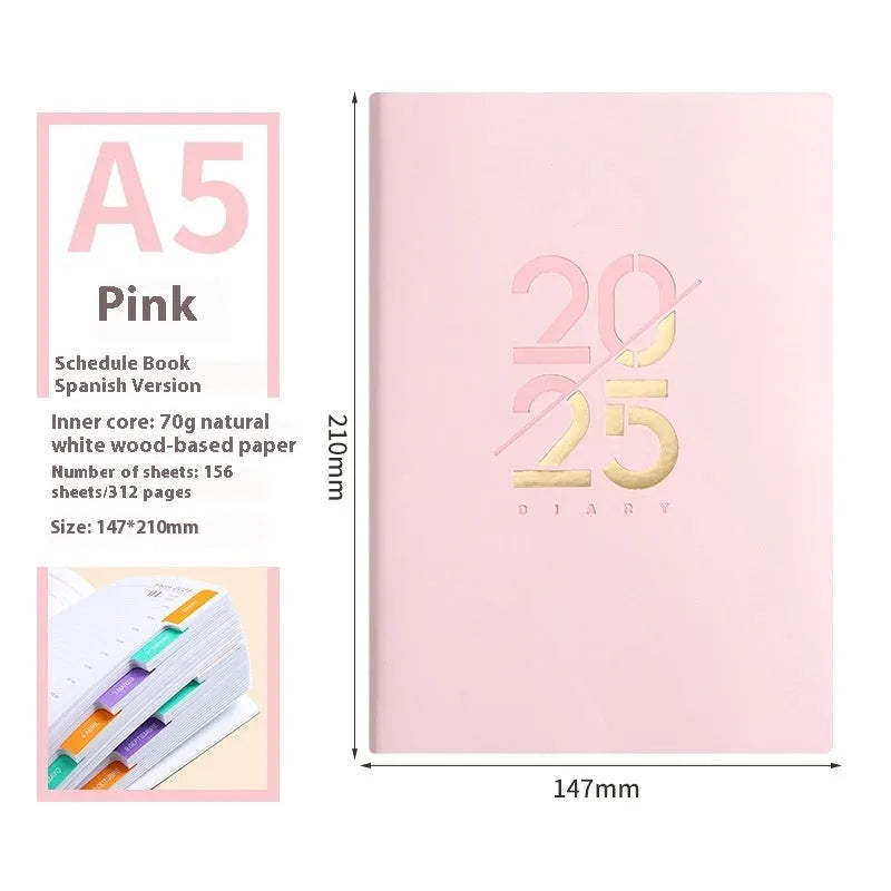 A5 daily planner with soft faux leather cover open to show dot grid pages