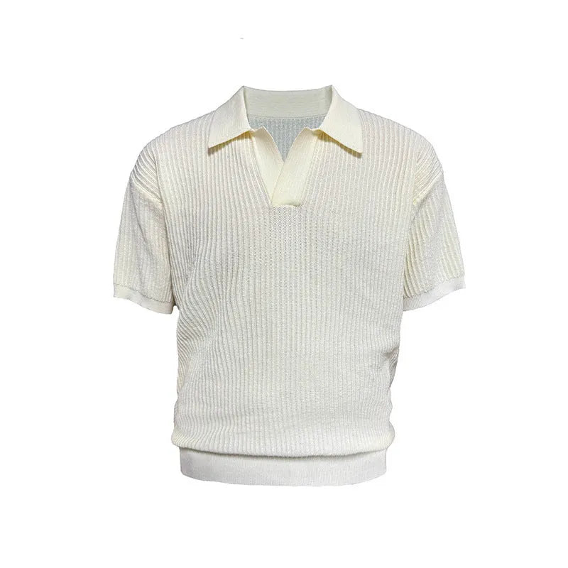 Men's striped collar polo shirt in ice silk fabric available in creamy white, black, and grey colours