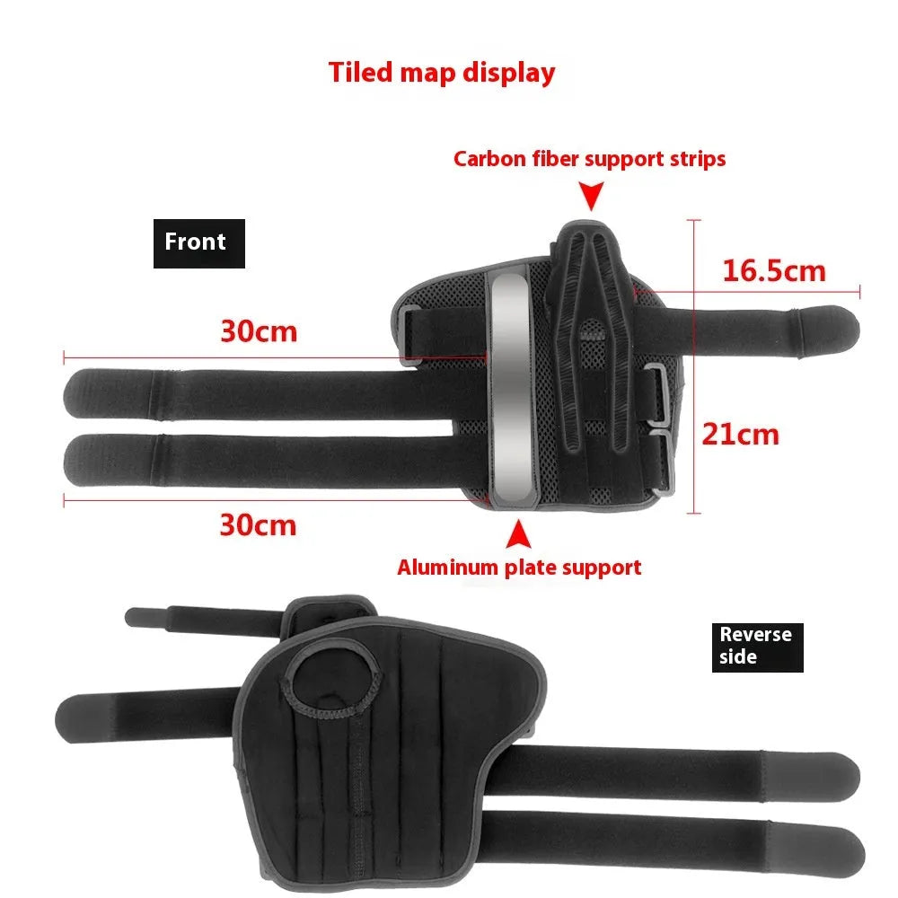 Black carbon fibre pattern wrist guard with grey edging and a white thumb strap, shown on a left hand.