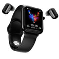 Black smartwatch with touch screen and detachable Bluetooth earbuds in charging case