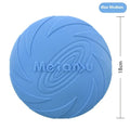 Soft rubber dog frisbee toy in blue, green, or red, shown in small, medium, and large sizes.