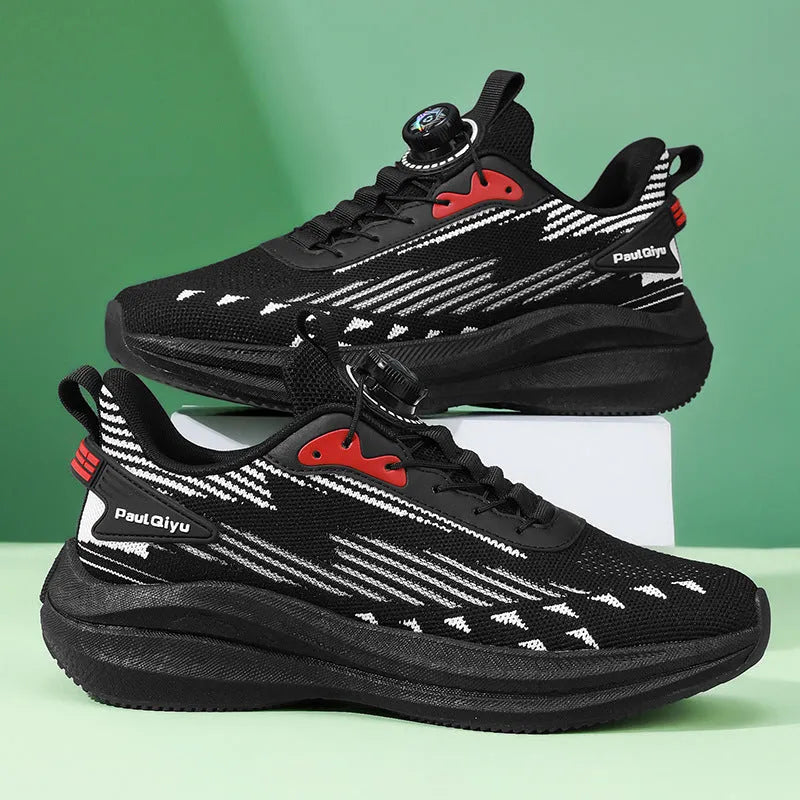 Men's rotating buckle Fly-kit mesh running shoes in black, grey, or white/green colours with flat sole