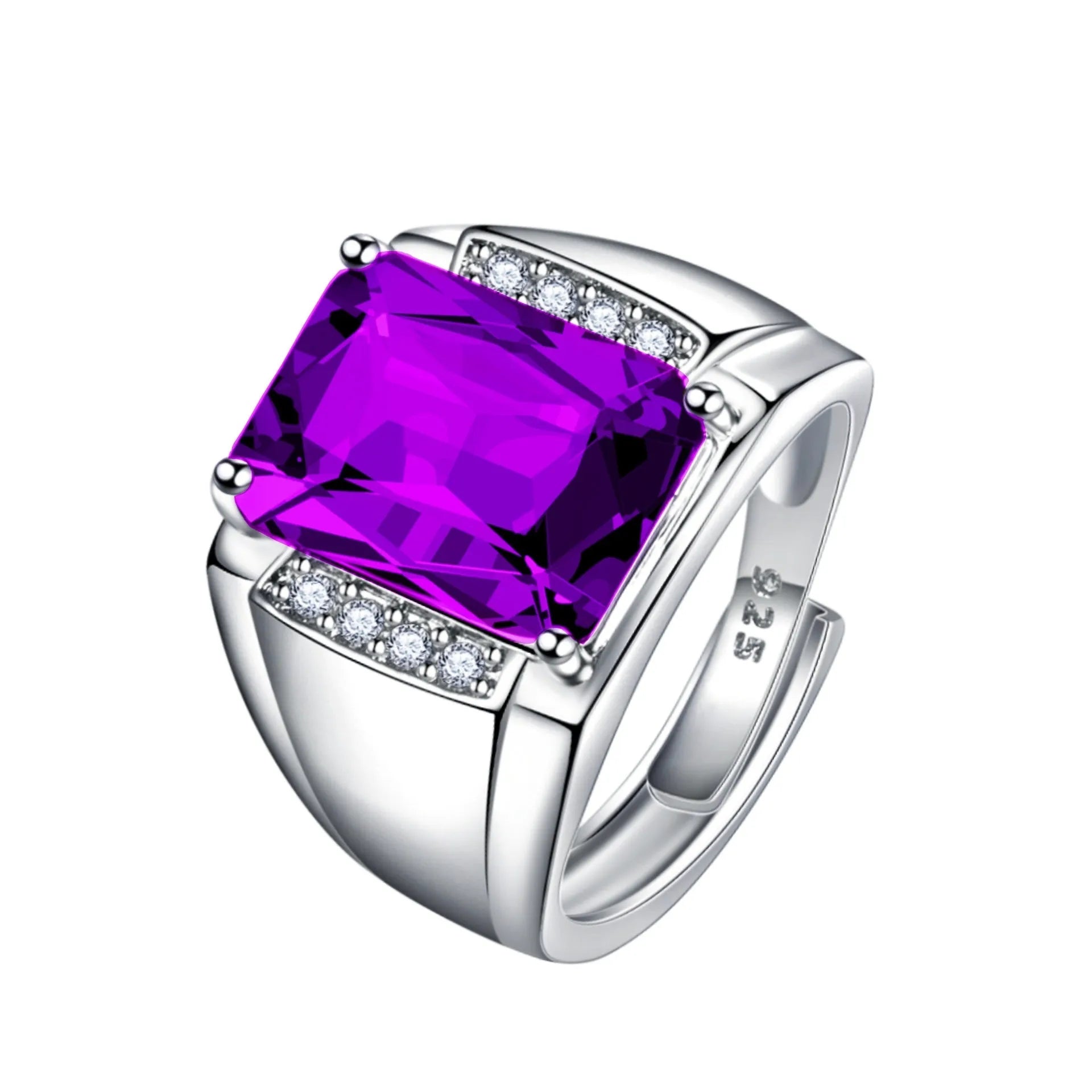 Adjustable geometric copper ring with natural amethyst-coloured gems and rhinestone accents