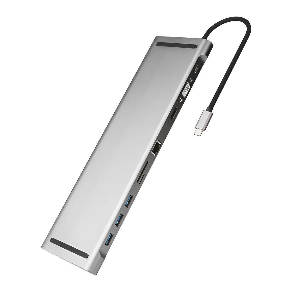 Gray aluminium USB C hub docking station with cooling bracket showing 10 ports including HDMI and Ethernet