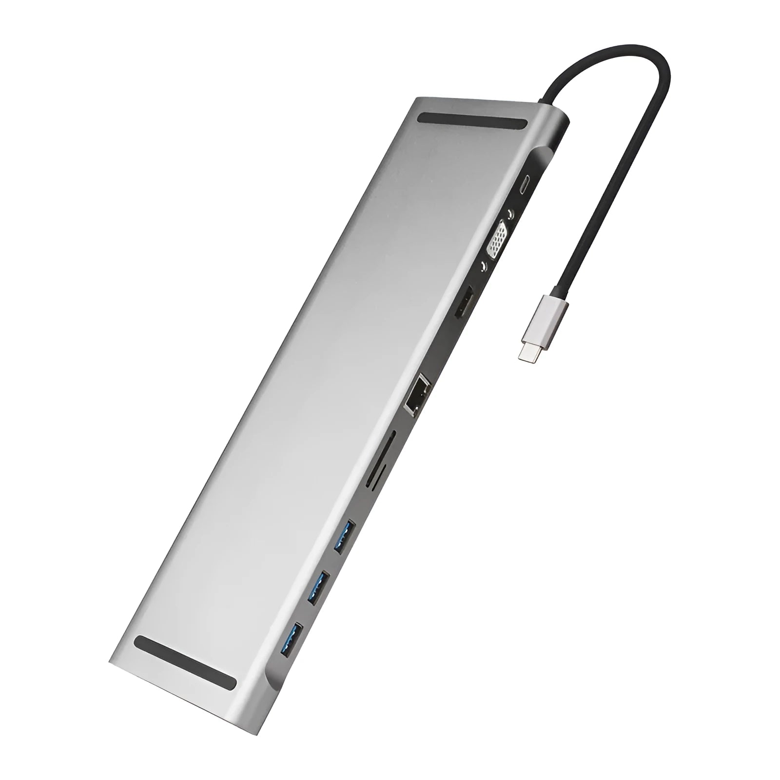 Gray aluminium USB C hub docking station with cooling bracket showing 10 ports including HDMI and Ethernet