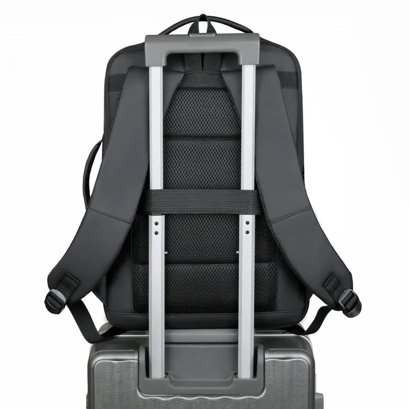 Black or grey waterproof Oxford cloth backpack with curved shoulder straps showing business and outdoor use