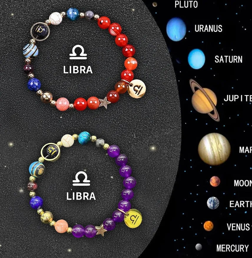 Set of two natural stone beaded bracelets featuring zodiac sign designs on an adjustable band.