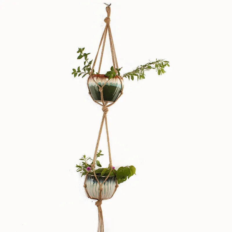 Cotton rope woven wire plant basket shown in desktop, wall hanging, and hanging basin styles.