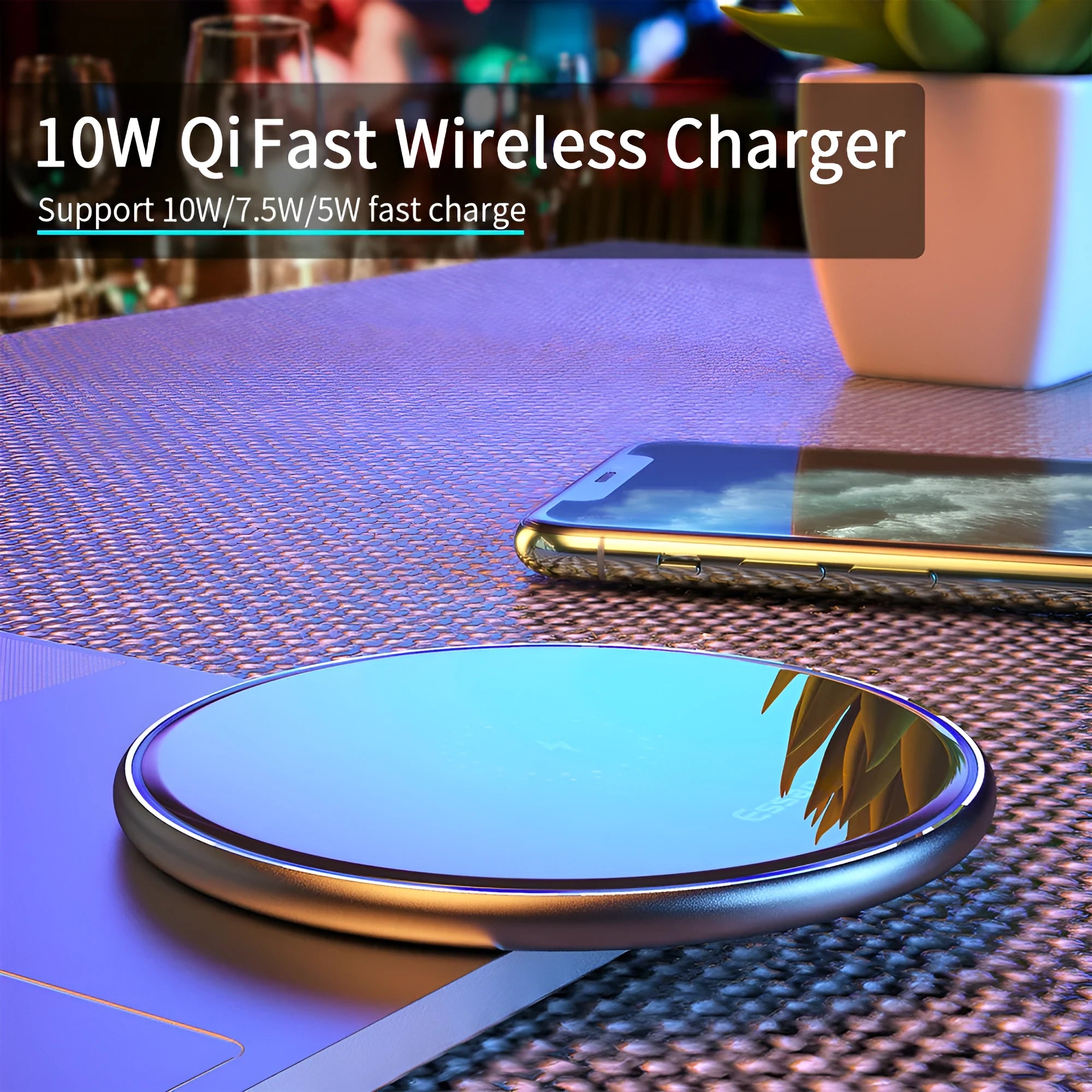 Black aluminium wireless charging pad with LED indicator lights for Qi-compatible phones