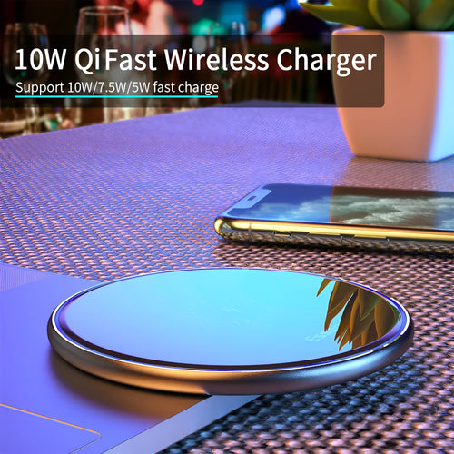 Black aluminium wireless charging pad with LED indicator lights for Qi-compatible phones