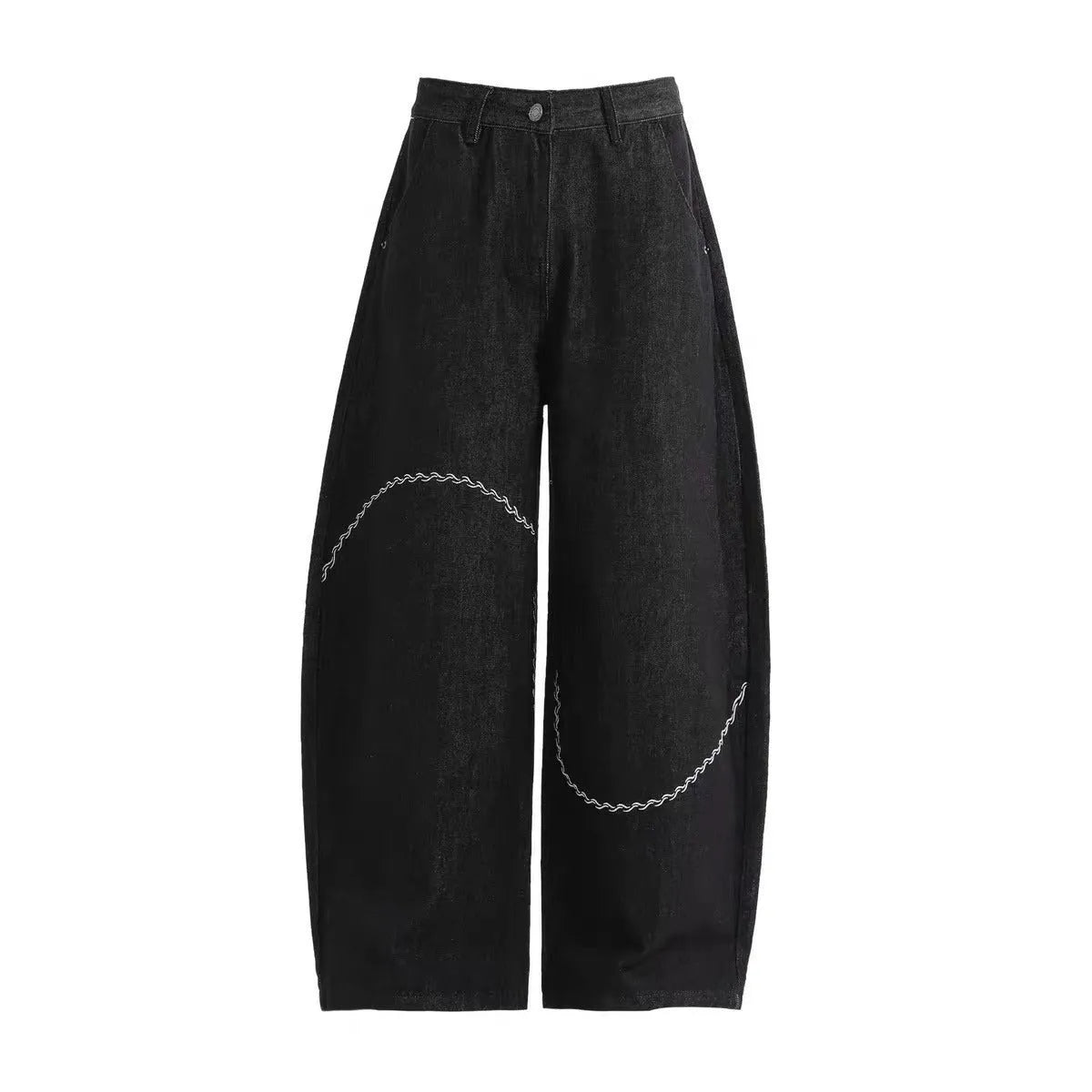 Black straight-leg denim trousers with mid-waist zip fly design on hanger