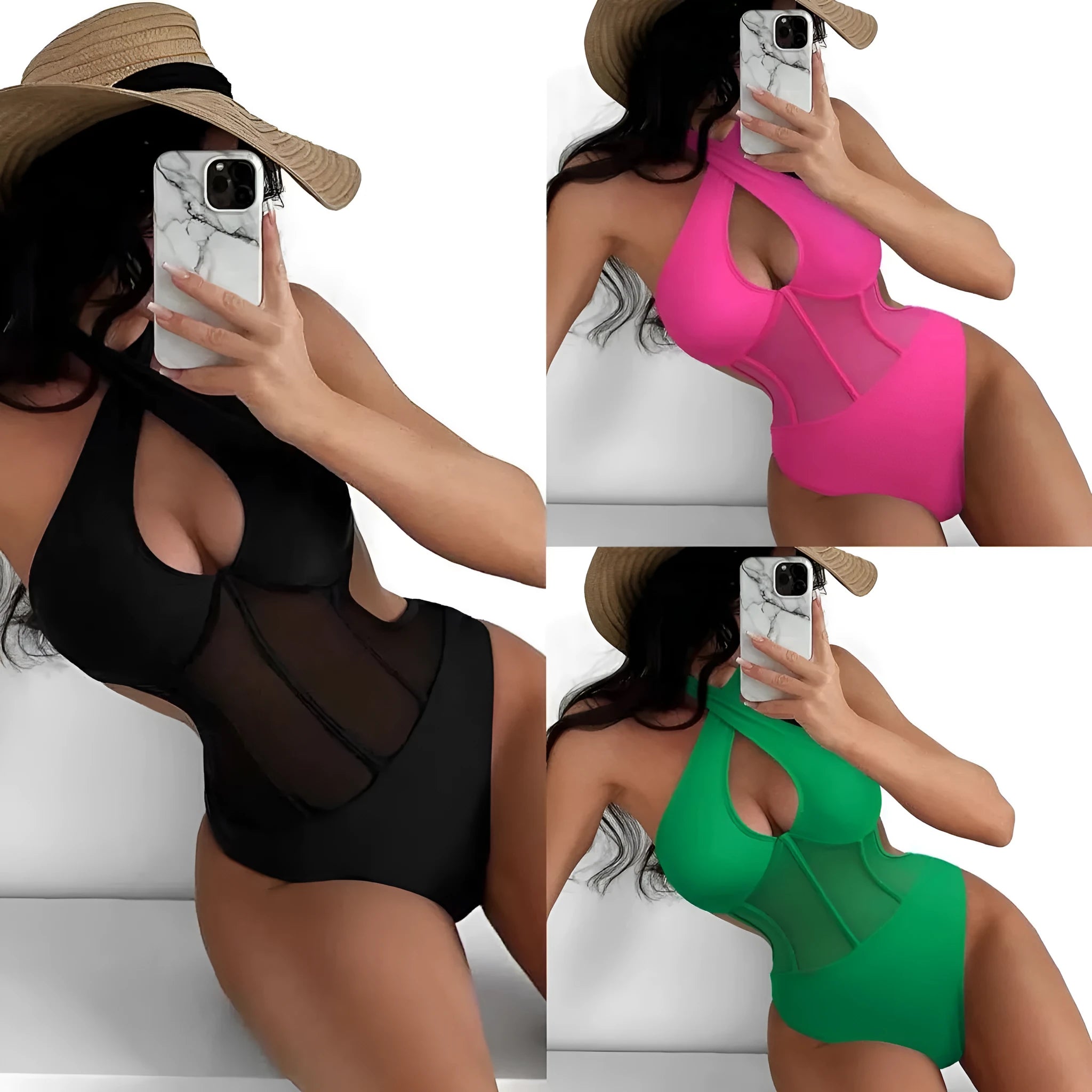Ladies black one-piece swimsuit bikini made from nylon and spandex fabric on a mannequin.