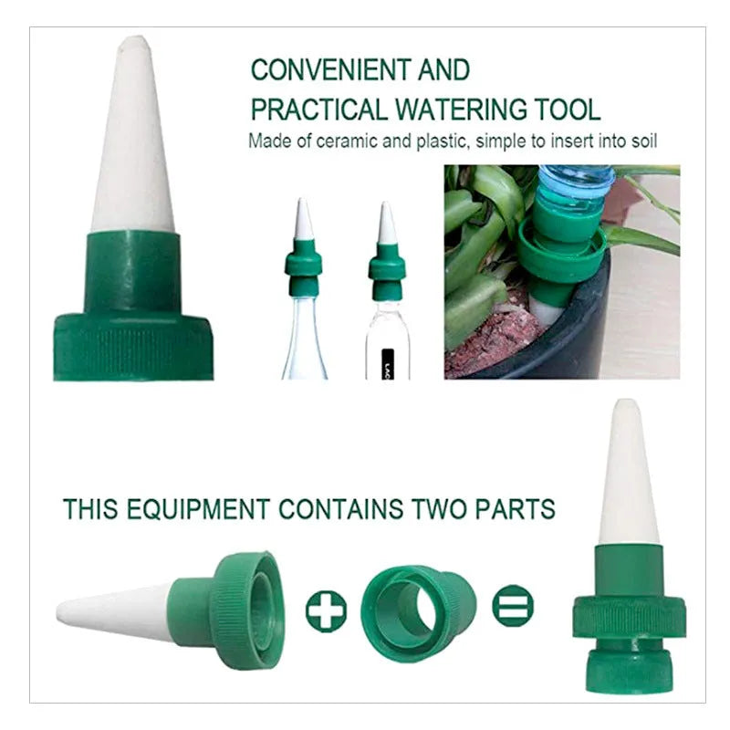 Green ceramic watering dripper for cola bottles providing automatic plant irrigation