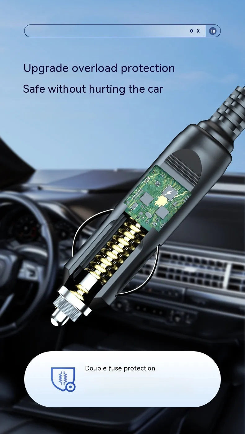 Wireless digital display car air pump and vacuum cleaner with LED light, showing included nozzles and storage bag.