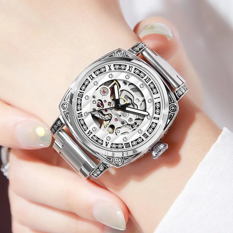 Men's leather strap mechanical watch with luminous hands on a black dial, showing water resistance and classic design.