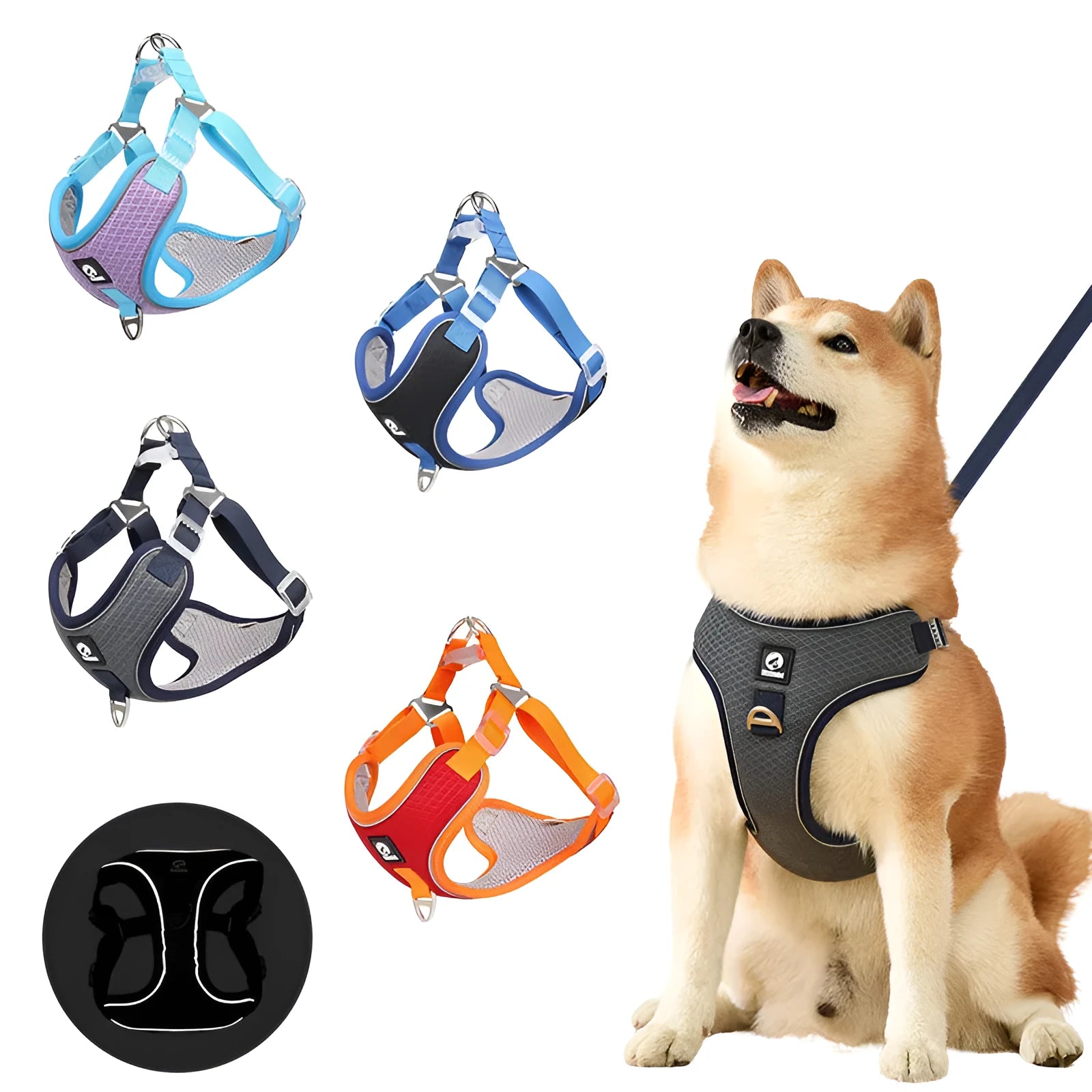 Adjustable reflective dog harness in polyester for small to medium pets, shown in multiple colours.