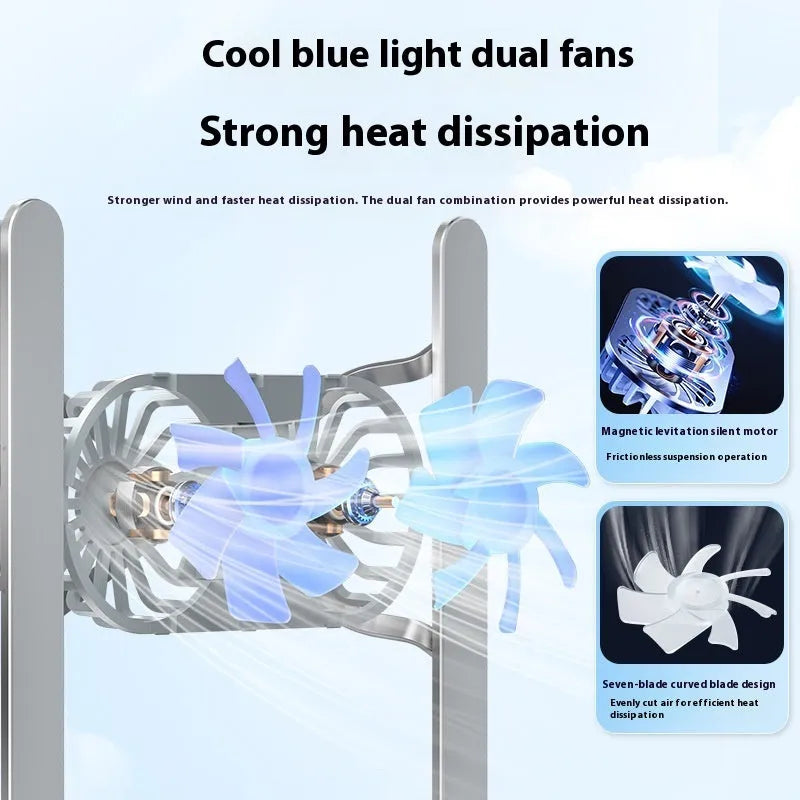Silver aluminium portable laptop cooling stand with twin fans and adjustable height mechanism