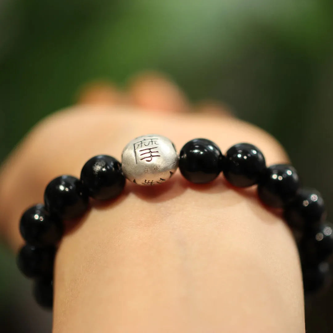 Natural 10MM black agate beaded bracelet with 999 sterling silver accents in Chinese style