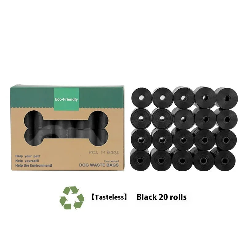 Rolls of green, black, blue, purple, and orange EPI degradable pet poo bags with a plastic dispenser.