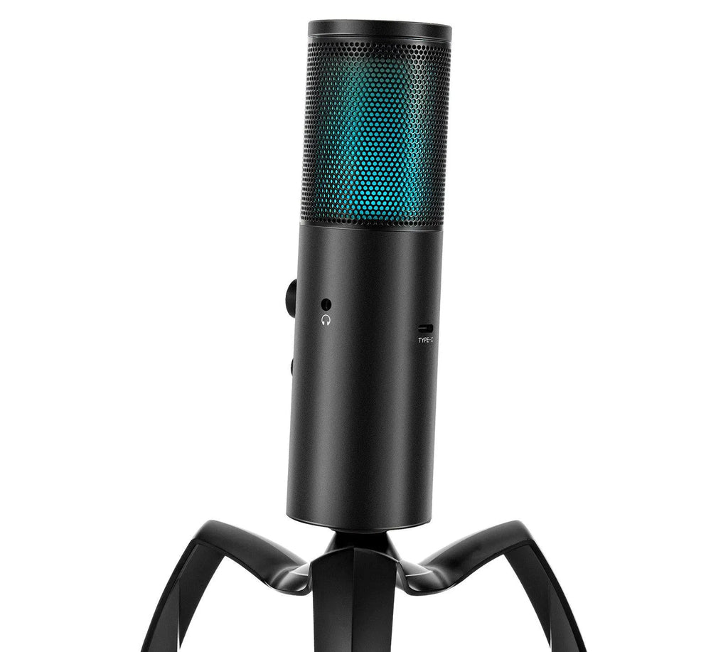 Black Q18 two directional condenser microphone with RGB lighting and metal body on tripod