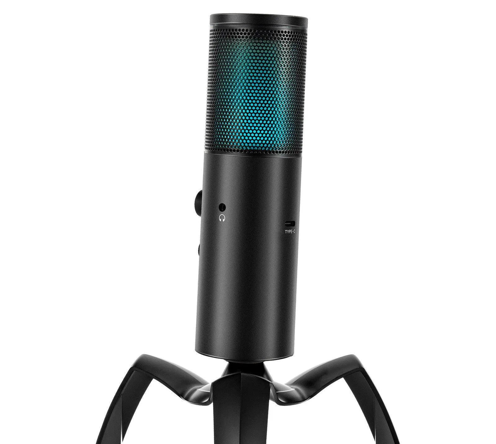 Black Q18 two directional condenser microphone with RGB lighting and metal body on tripod