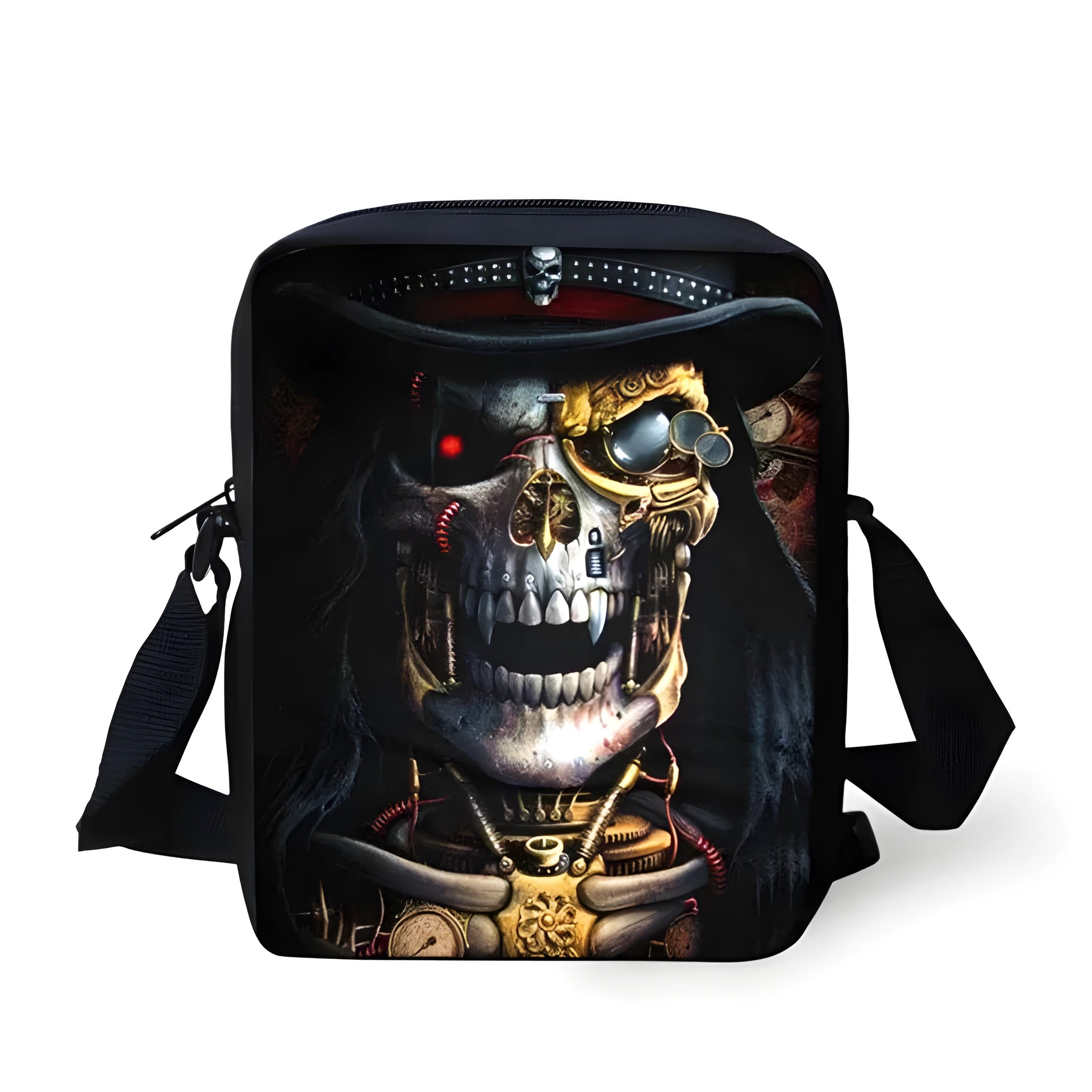 A medium-sized black children's messenger bag with a white skull graphic, showing the double straps and front zipper pocket.