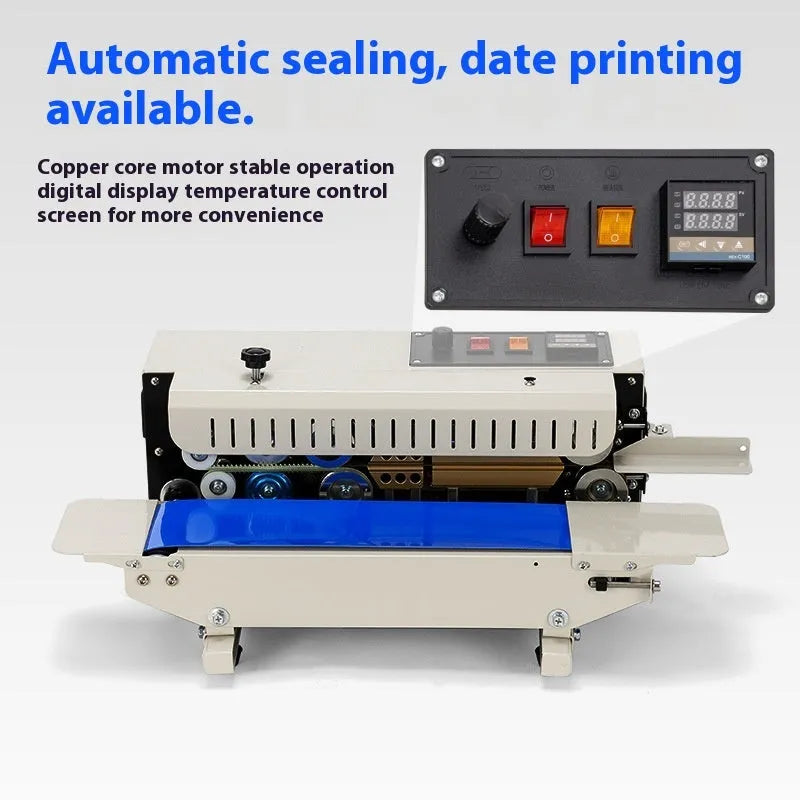 Mini steel seal sealing machine with date printing capability for foil pouches and plastic bags
