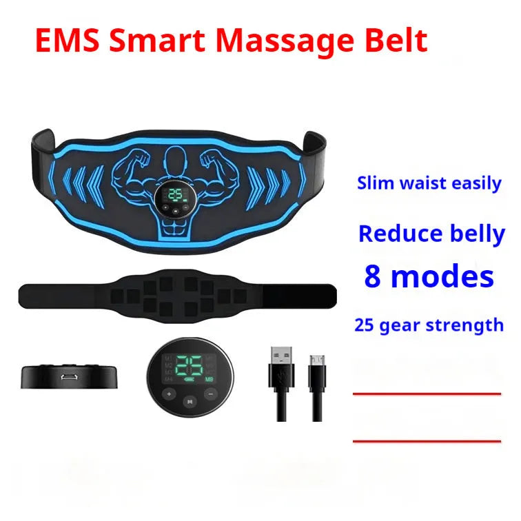 Smart EMS massage belt fitness equipment with rechargeable battery and timer in blue and orange colour options