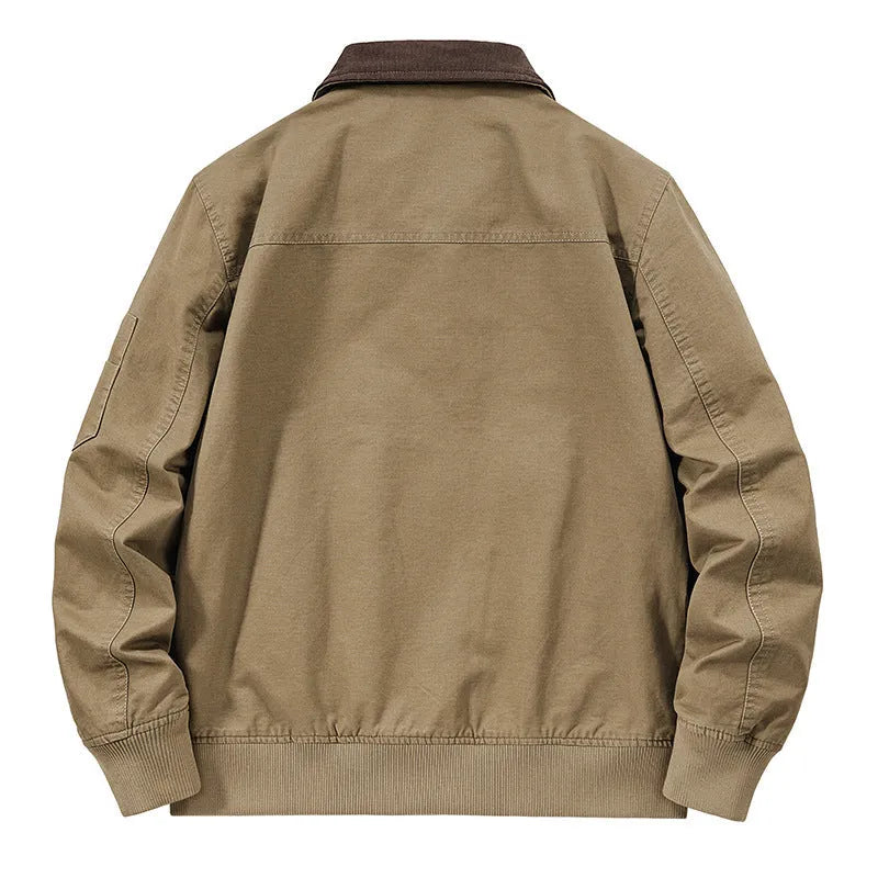 Men's plus size washed cotton baseball-style flight jacket in army green.