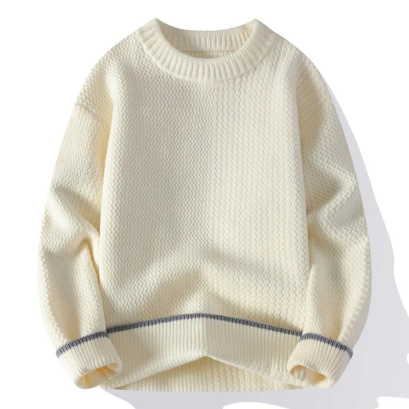 Grey men's loose fit round neck long sleeve pullover sweater for casual autumn wear.