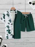 Men's Hawaii themed 3D printed short sleeve suit with matching trousers in polyester fabric