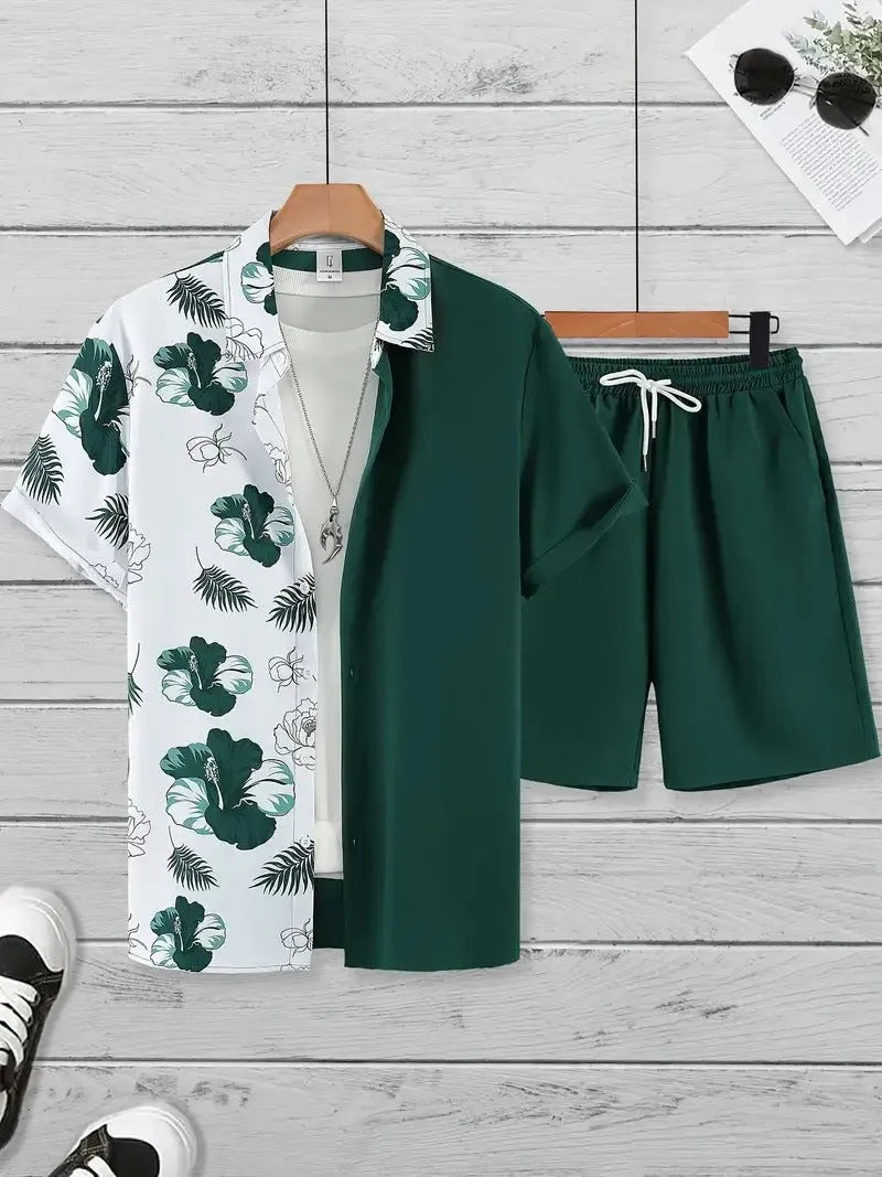 Men's Hawaii themed 3D printed short sleeve suit with matching trousers in polyester fabric