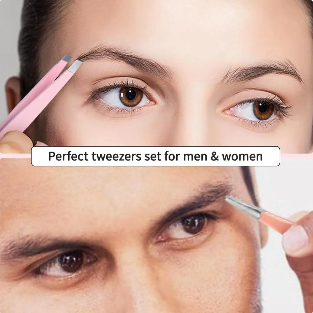 Professional stainless steel eyebrow tweezers set with curved scissors, brush, and leather case.
