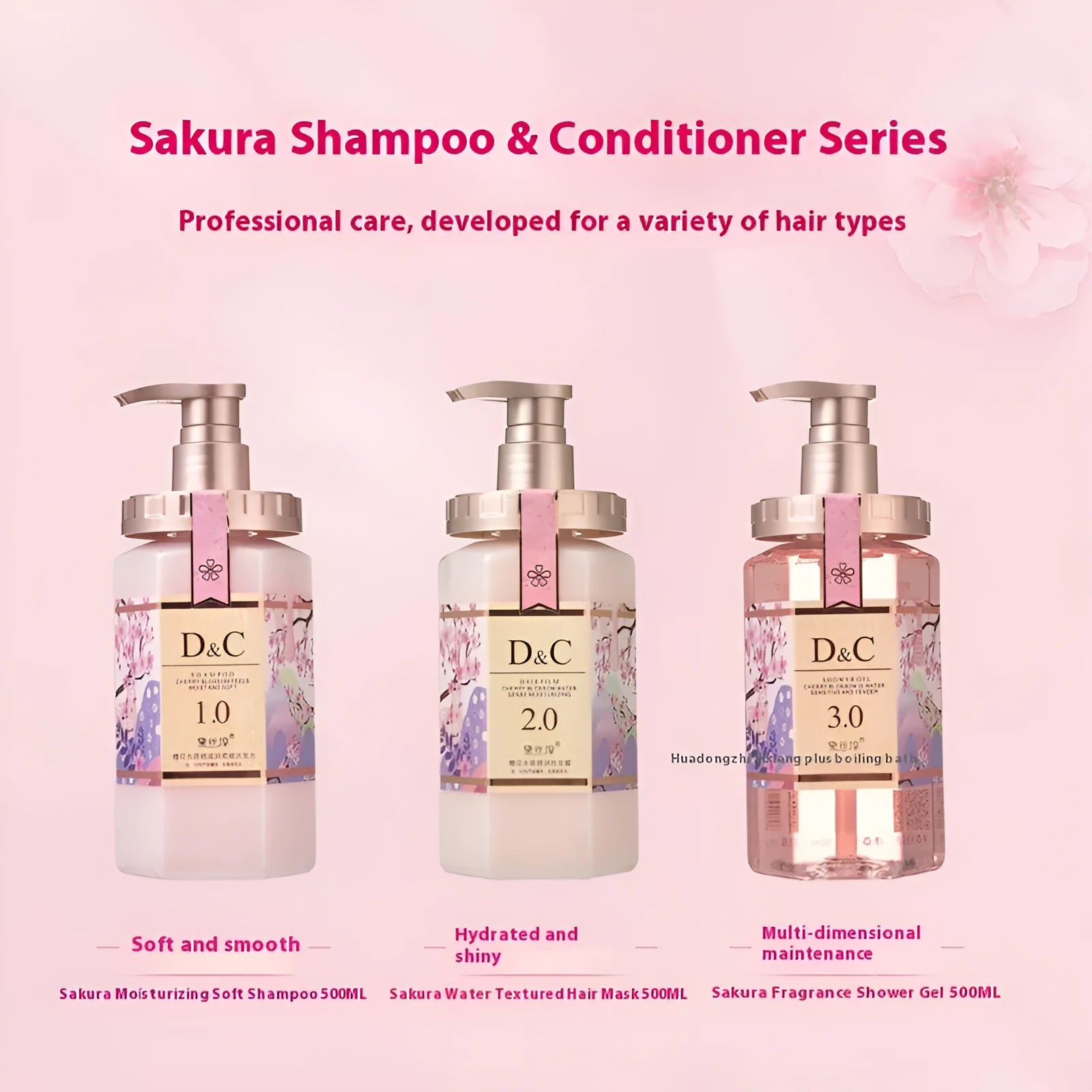 Sakura shampoo conditioner and shower gel wash set 500ml bottle deep cleaning formula