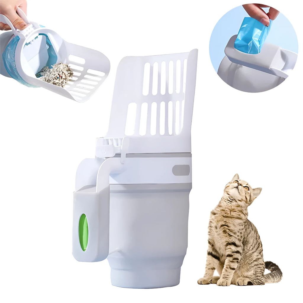 Foldable cat litter scoop with attached waste bin and lid in grey blue or green PP plastic