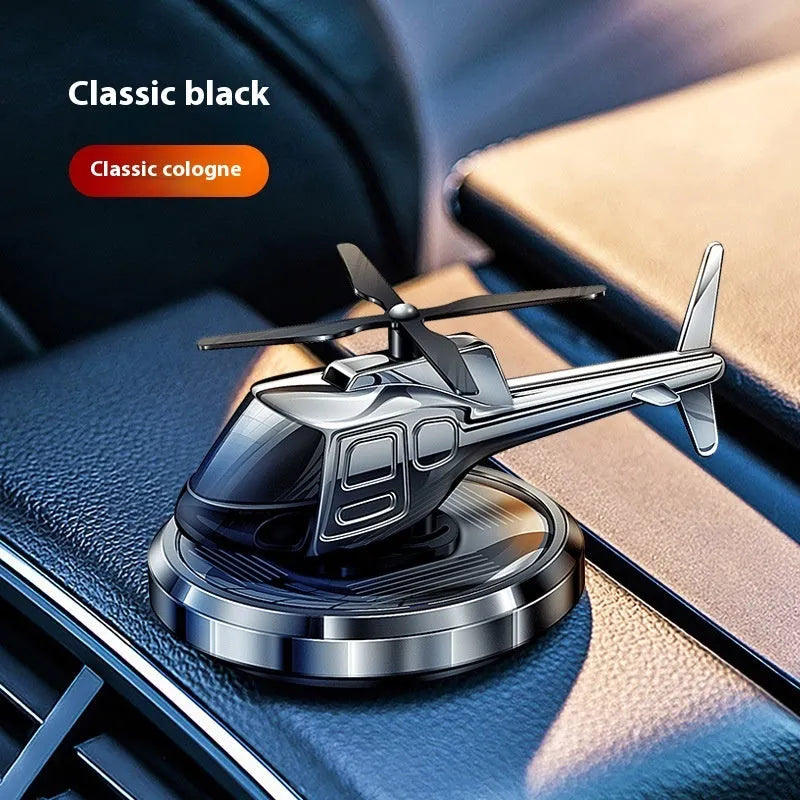 Metal solar helicopter car perfume ornament in silver, black or blue with rotating blades