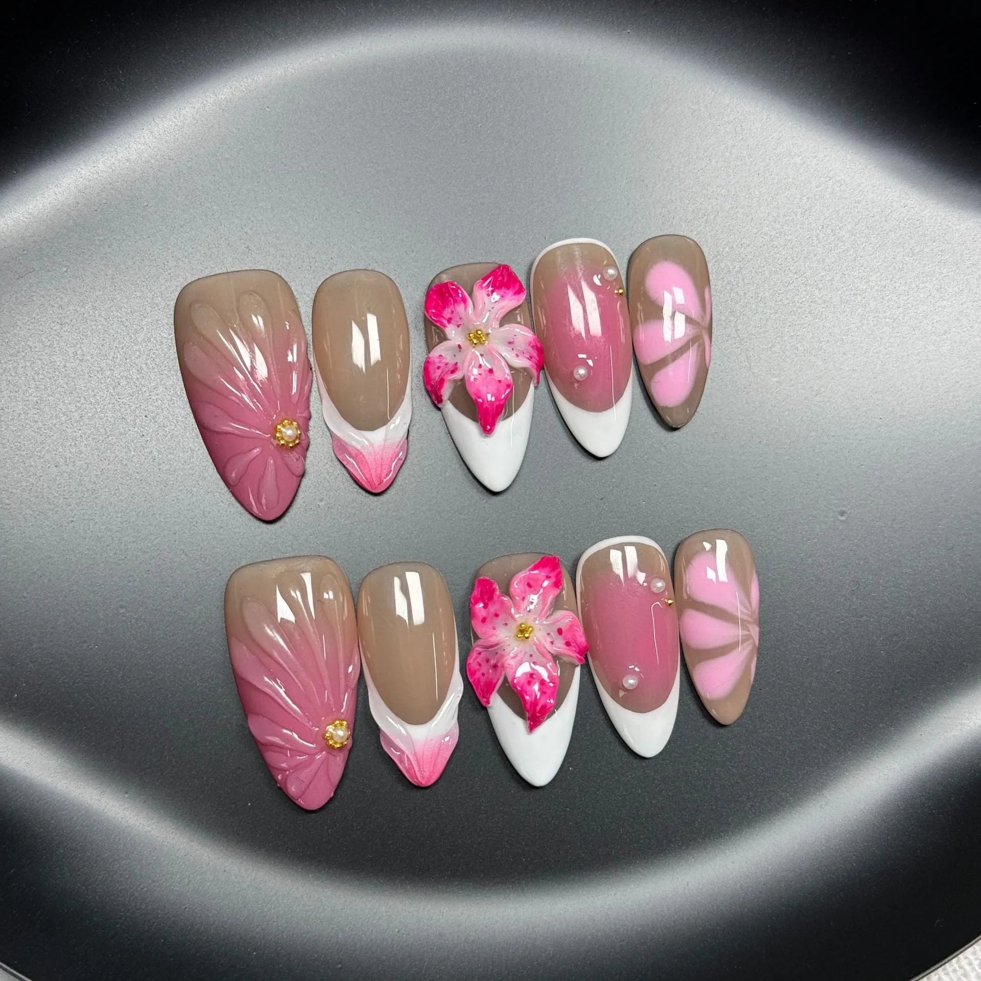 French style manicure set with three-dimensional lily and fluid ice flower plastic decorations