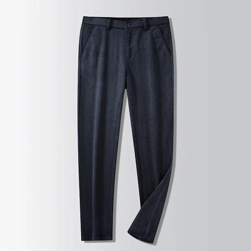 British retro striped straight leg trousers in chemical fibre blend fabric shown in khaki colour
