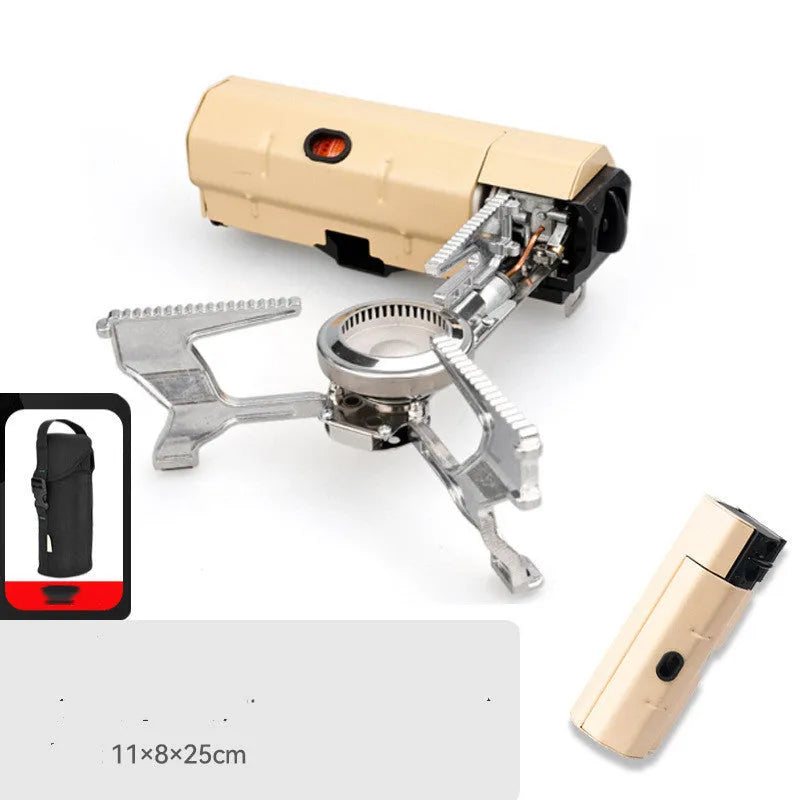 Green portable folding camping gas stove with adjustable valve on a serrated bracket, shown with its storage bag.