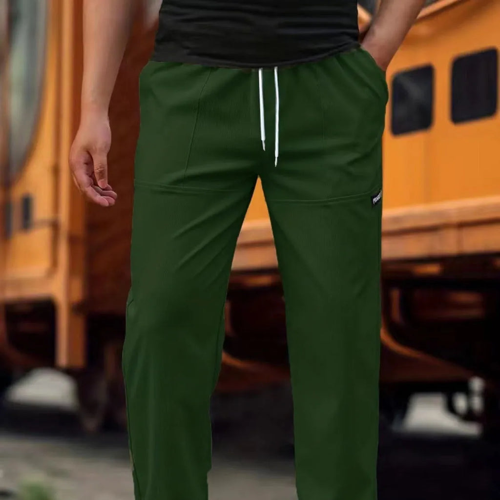 Men's polyester trousers for spring and autumn in light grey, shown in size M.