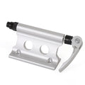 Silver metal quick release bicycle clamp for front fork accessory mounting.