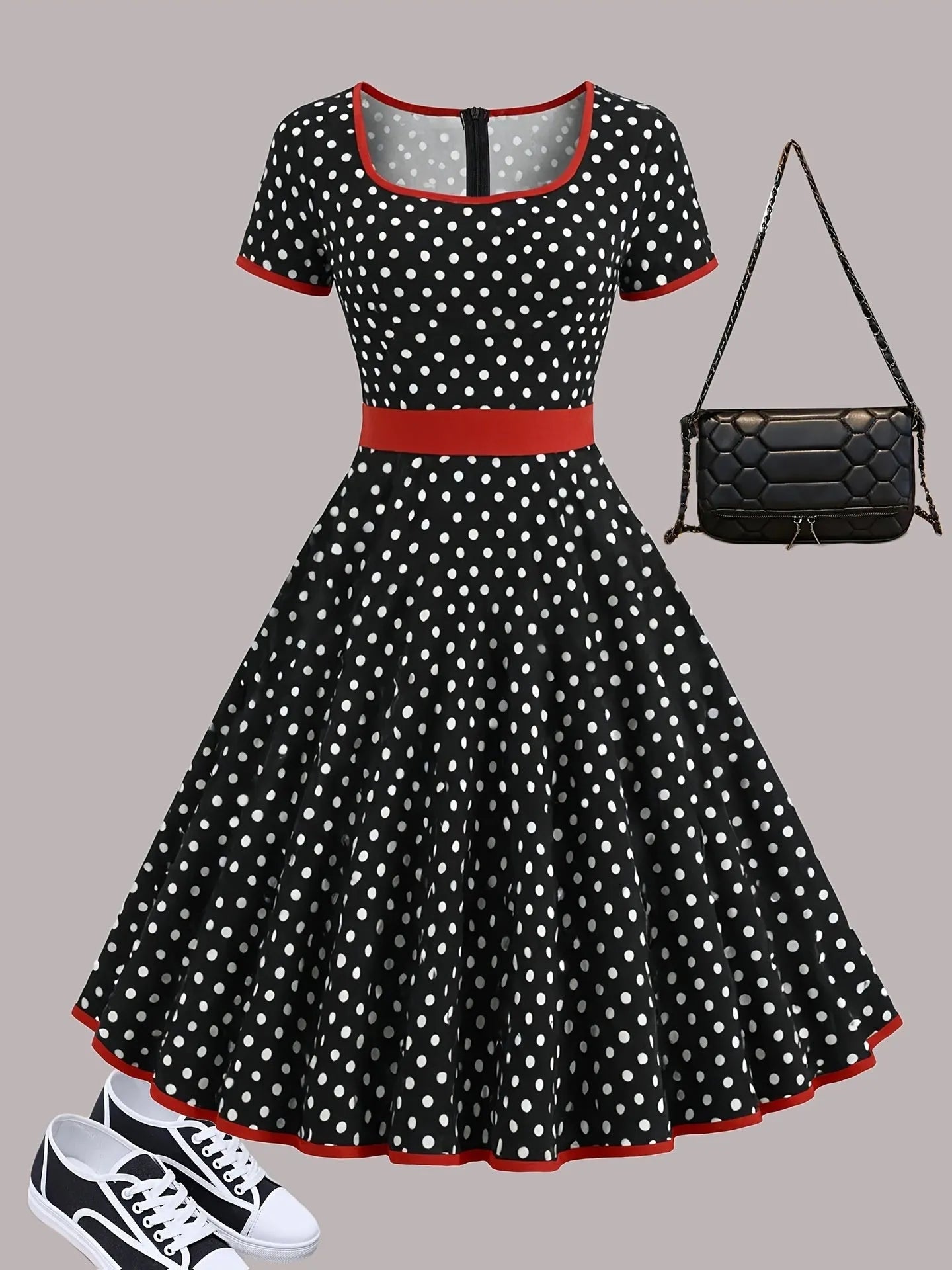 Multicolour polka dot pleated dress with a square collar and short sleeves.
