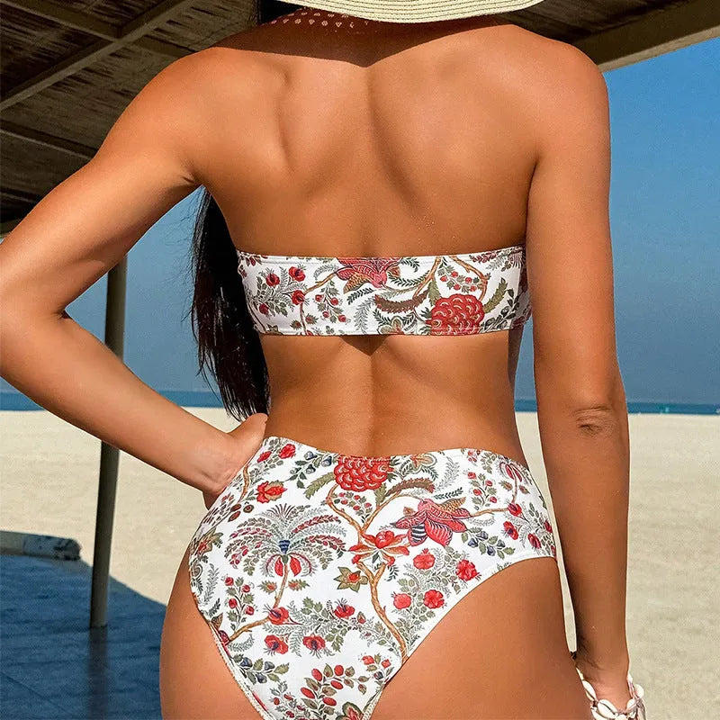 Women's printed bandeau swimsuit triangle top with matching elastic shorts set