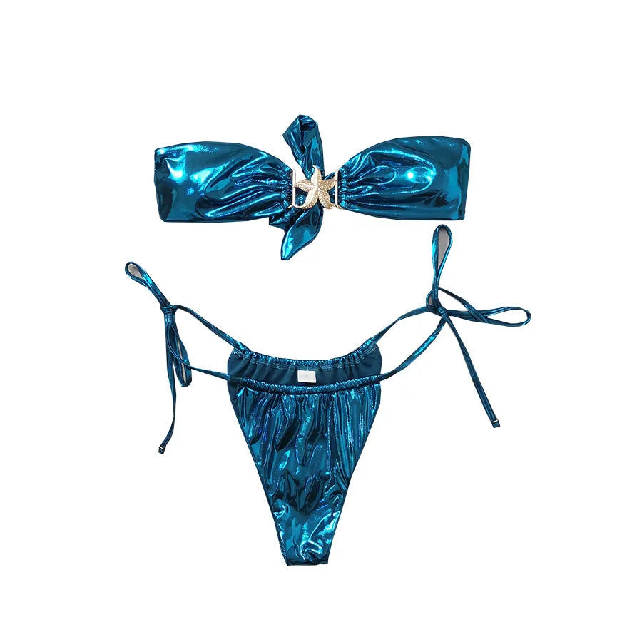 Women's glossy sapphire blue bikini set with gold starfish print on tube top and briefs.