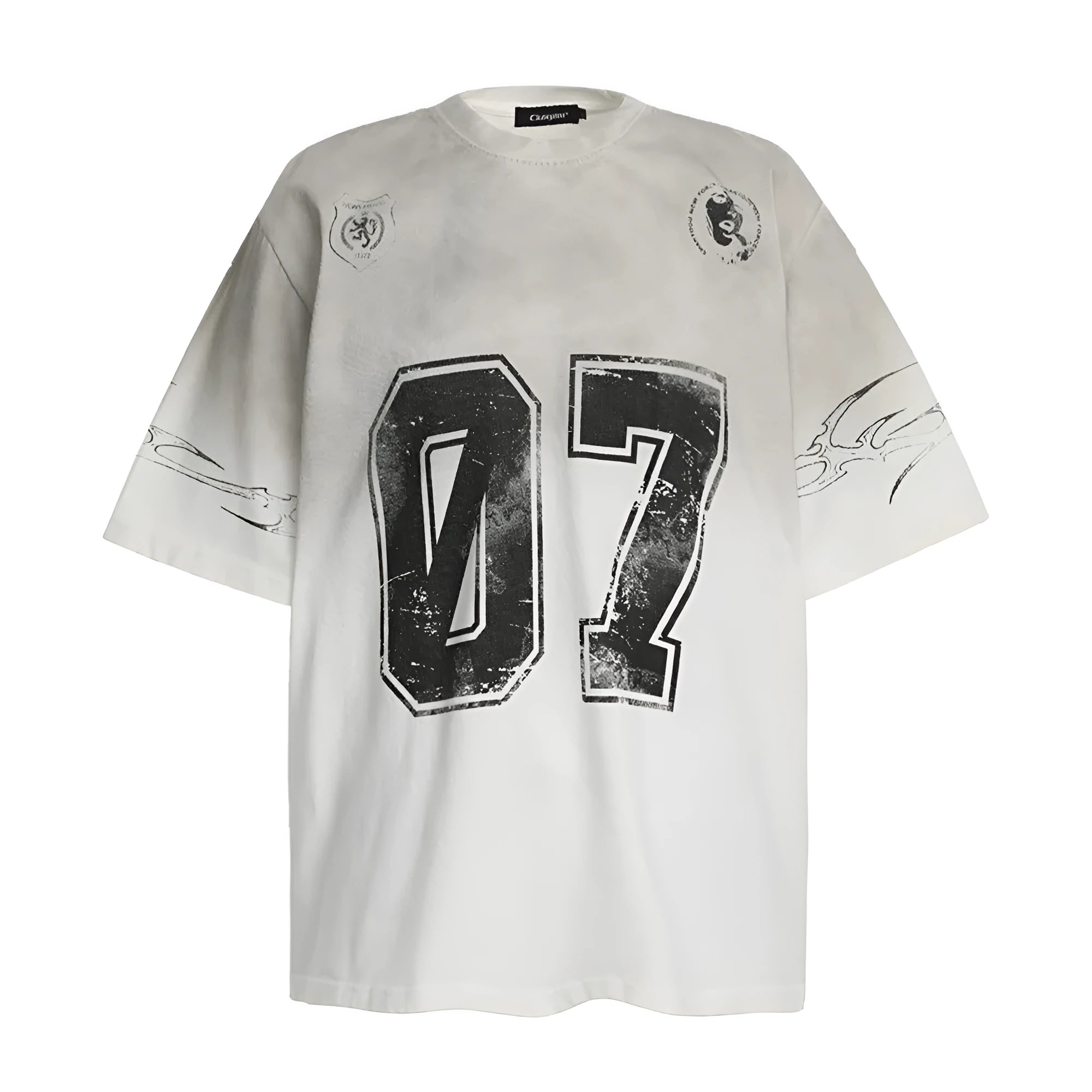 Men's black and white pure cotton short-sleeved t-shirt with a print, shown in sizes S to XL.