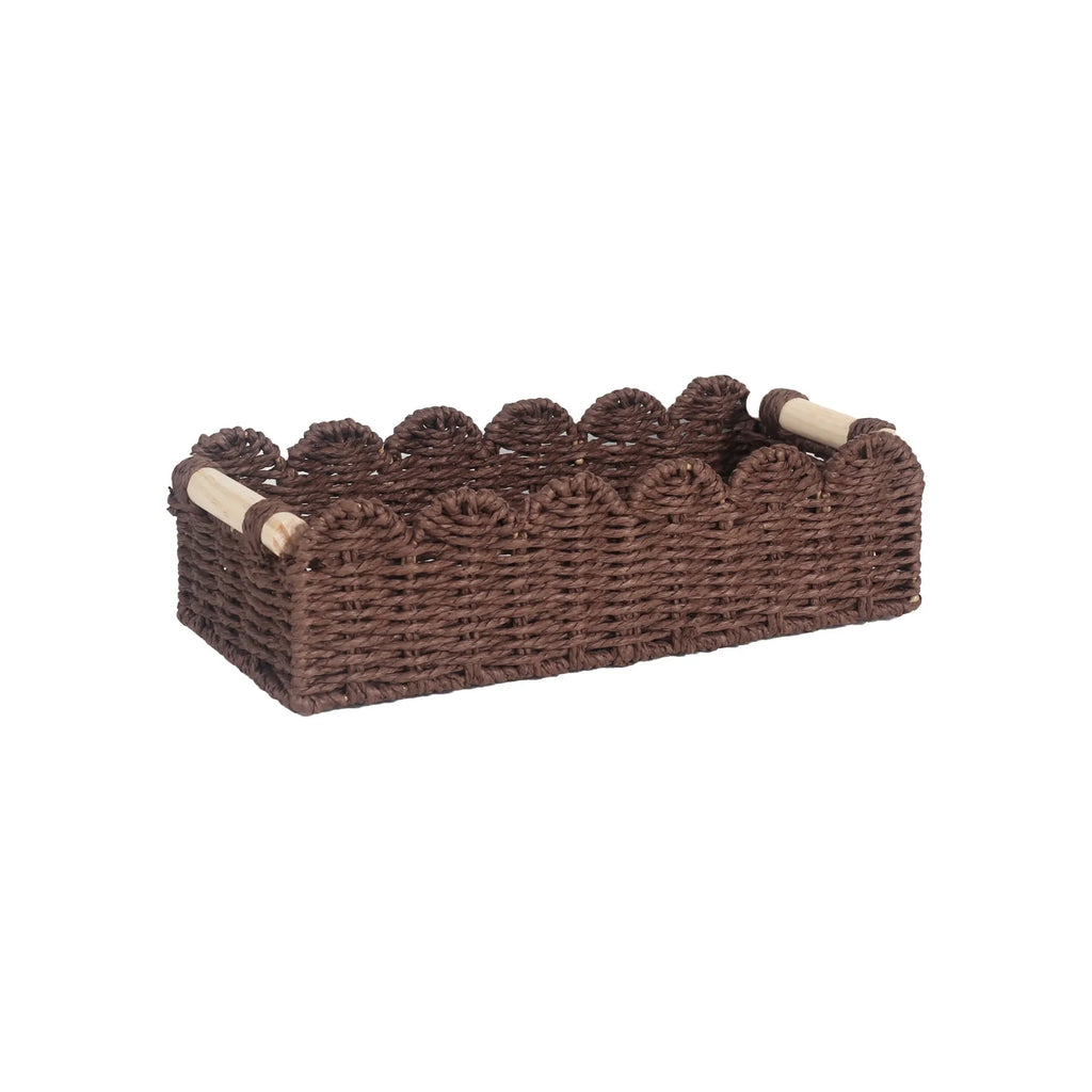 Paper woven storage basket in khaki colour on a table, dimensions 35.5 cm by 16 cm by 10 cm.