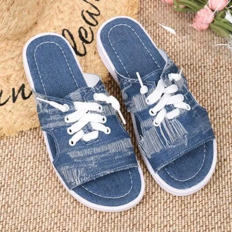 Blue Roman style women's canvas slippers with cloth upper and rubber sole